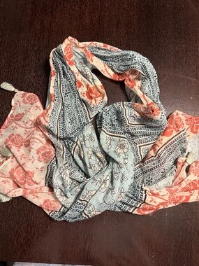 J.Jill 100% Cotton Lightweight Floral Multi-Color Boho Scarf India Tassels